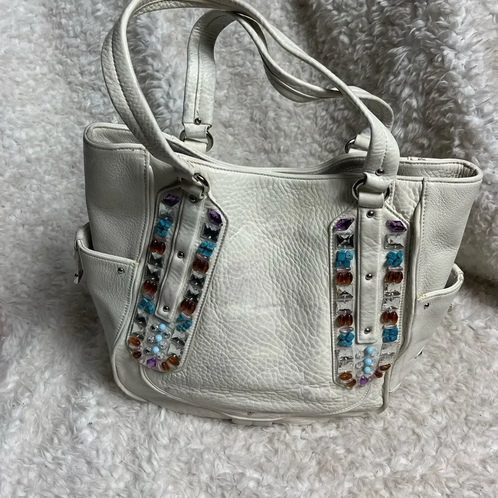 Cole Haan Sydney white leather large shoulder bag with multi color stones accent